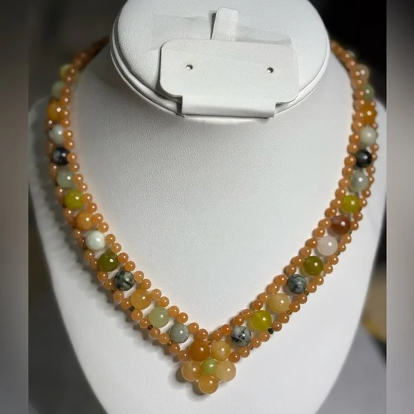 Hand crafted necklace with jade orange aventurine and tourmaline stones 16.5 in - Picture 3 of 5